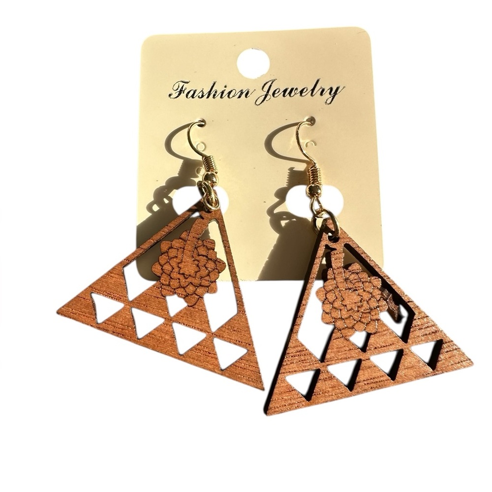 Boho Cut Wood Design Triangular Drop Earrings